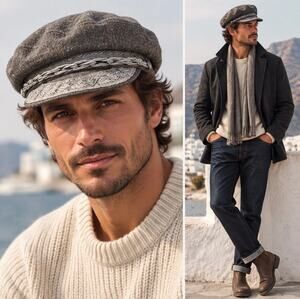 Authentic Vintage Aegean Gray Wool & White embroidered Fisherman’s Cap, OS